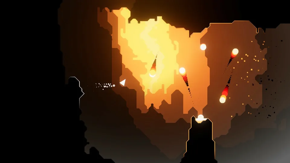 Fireballs arc up through a glowing orange cavern as the ship dodges between them
