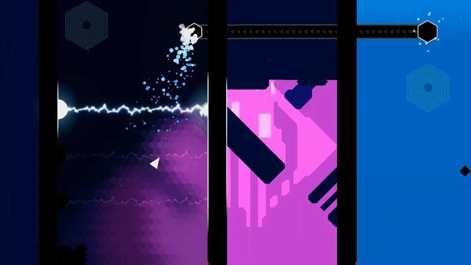 An electric beam crackles across a magenta and blue industrial shaft as the ship slips past