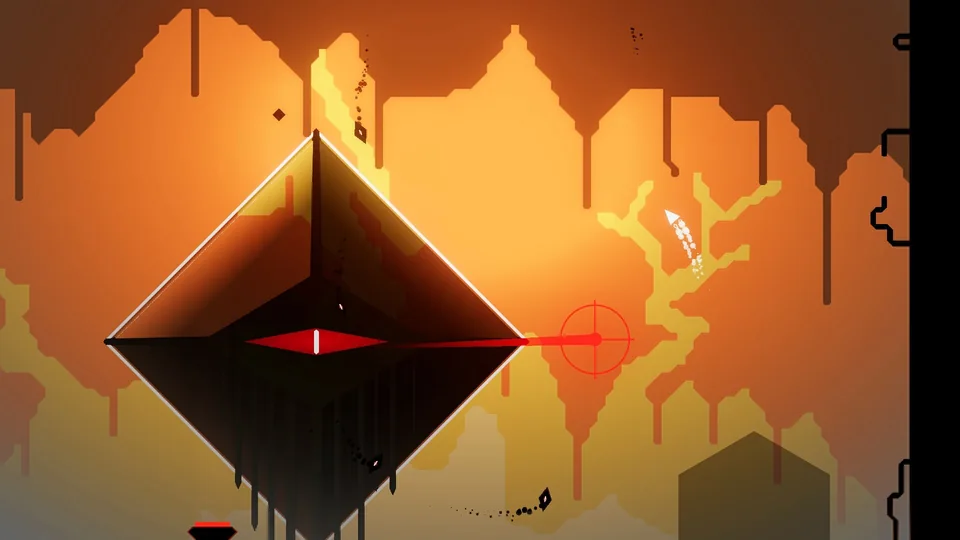 A giant diamond-shaped machine with a single red eye aims a targeting laser at the ship inside an amber cave
