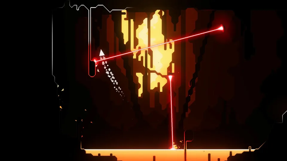 Red laser beams crisscross a dark cavern above a floor of lava