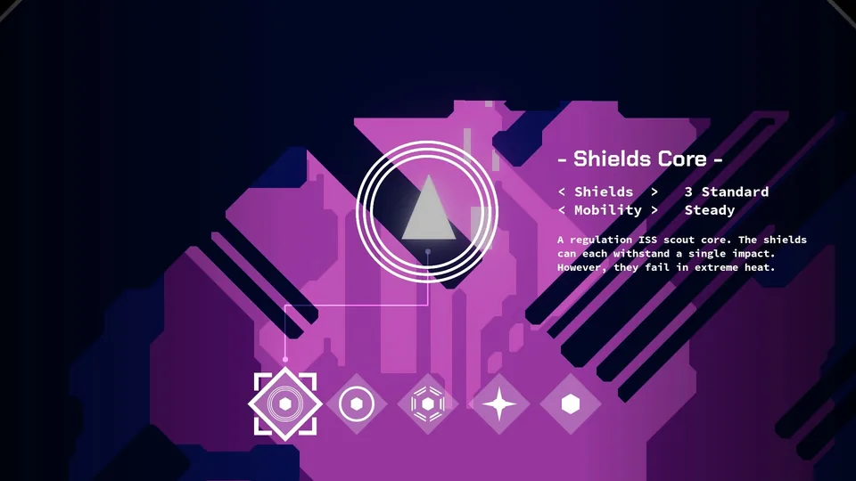 The ship parts menu showing the Shields Core: three standard shields, steady mobility