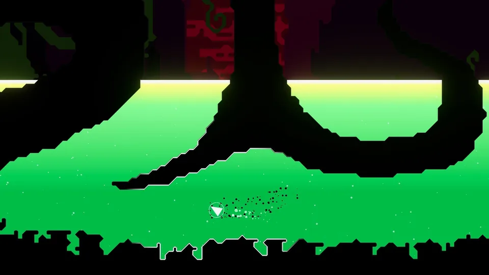 The ship skims over a glowing green acid river beneath twisted black roots