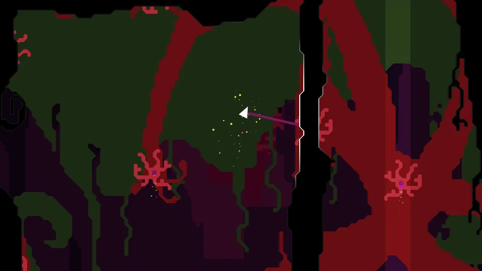 The ship threads between red alien growths in a dark green and crimson cavern