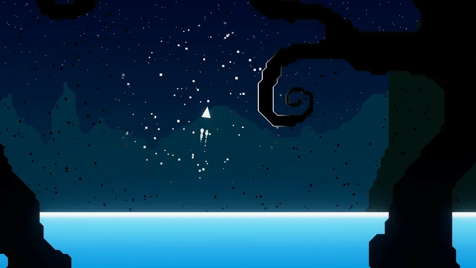 The ship drifts through a starry night sky above a glowing blue lake
